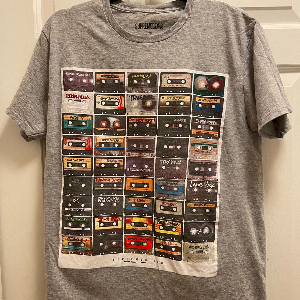 Tee shirt with cassette tapes on it